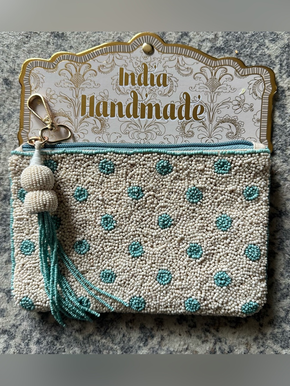 NWT Handmade In India Light Blue Polka Dot Beaded Pouch